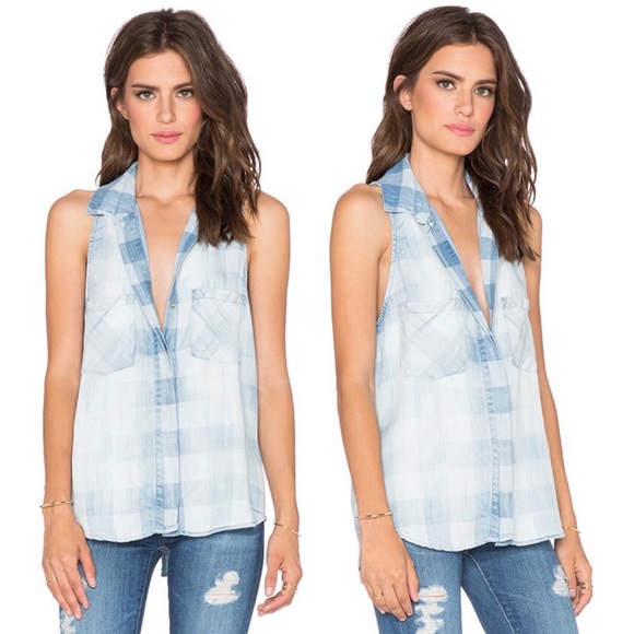 Bella Dahl Tops - BELLA DAHL light wash chambray gingham split back tank top S Revolve